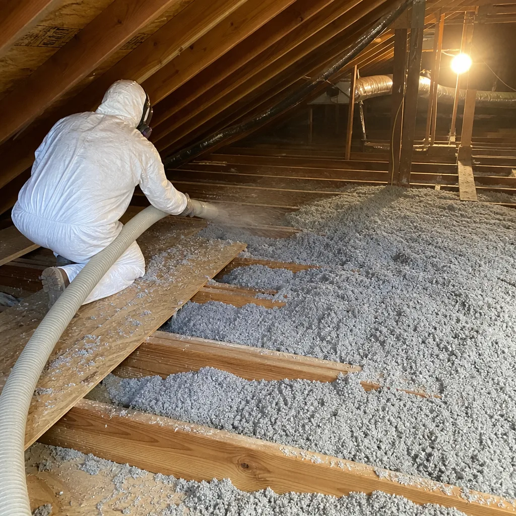 professional installing loose-fill insulation in residential attic