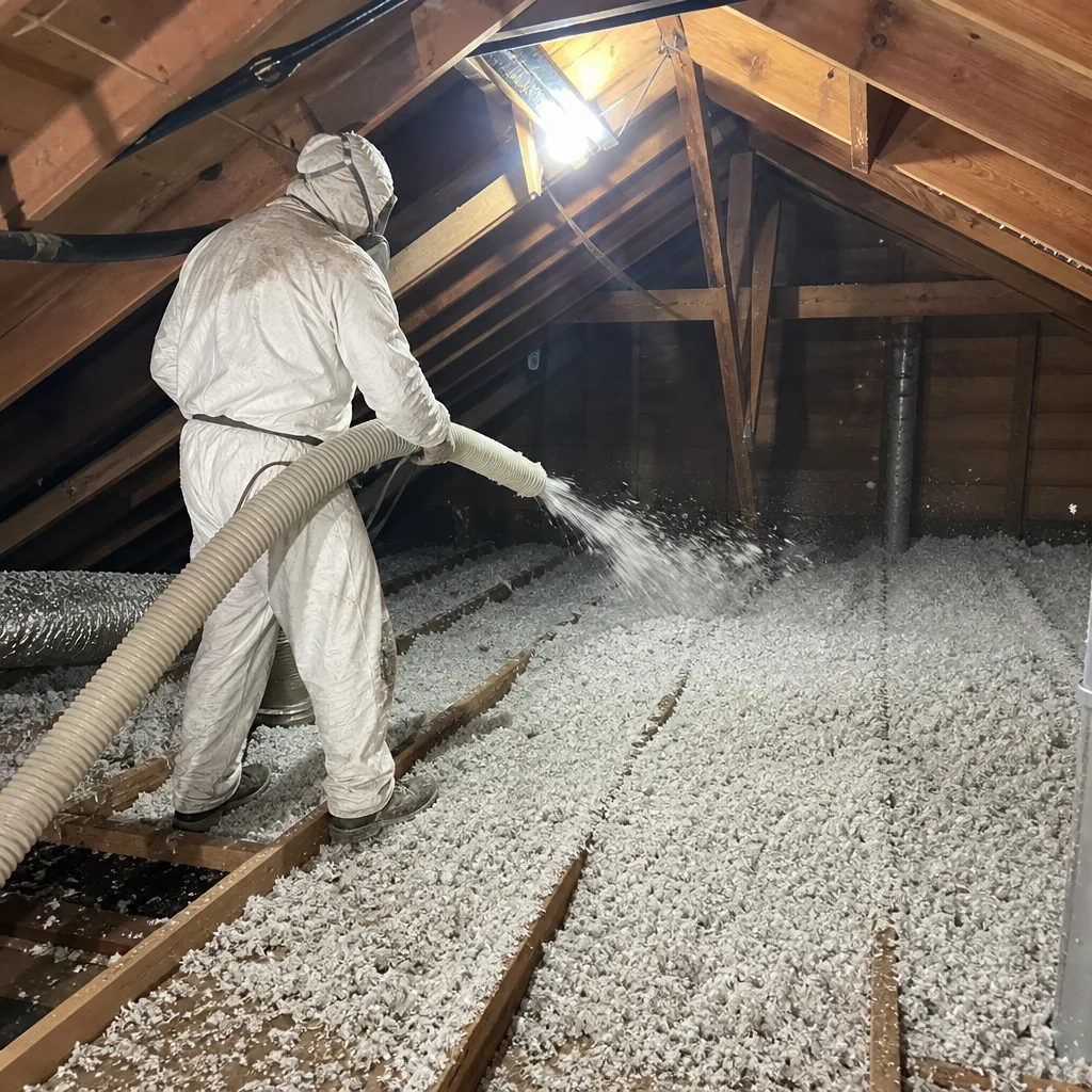 Professional blowing loose-fill insulation into an attic for energy efficiency nationwide