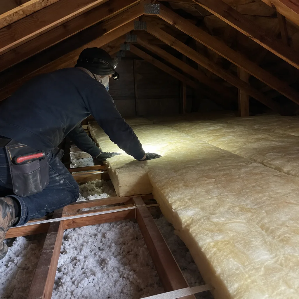 Worker cutting fiberglass attic insulation with a utility knife and guide in Woodland Hills, CA