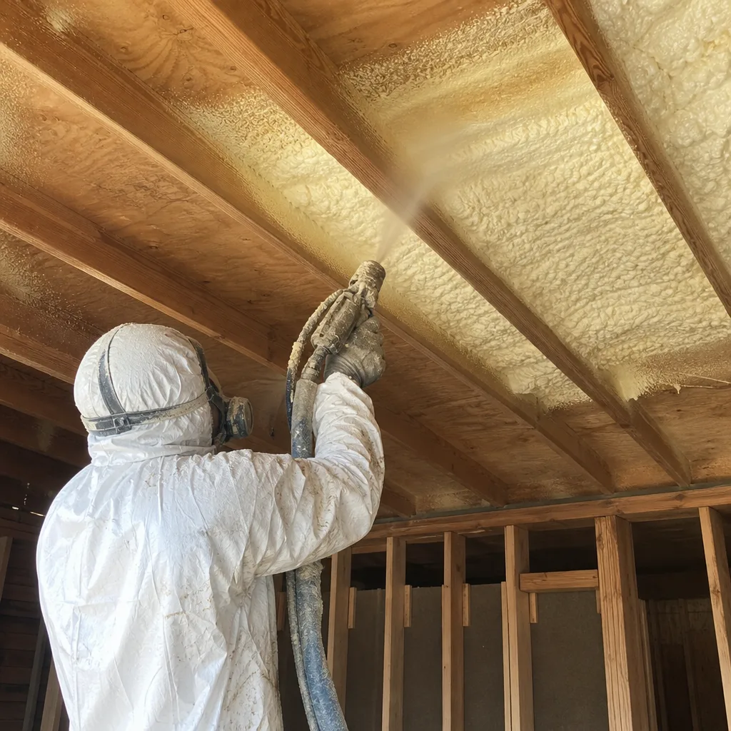Contractor applying spray foam insulation to interior ceiling rafters nationwide