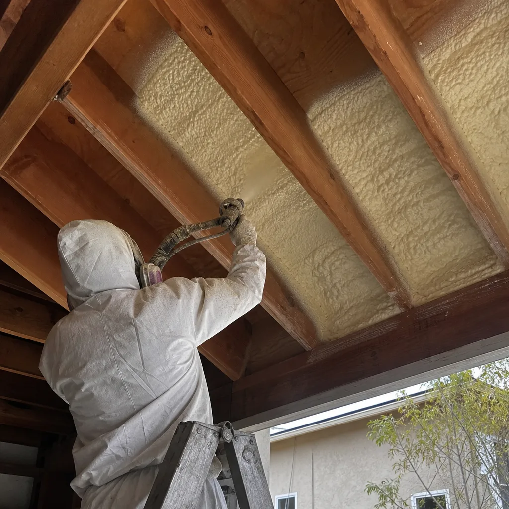 Contractor applying spray foam insulation to ceiling joists in protective gear.